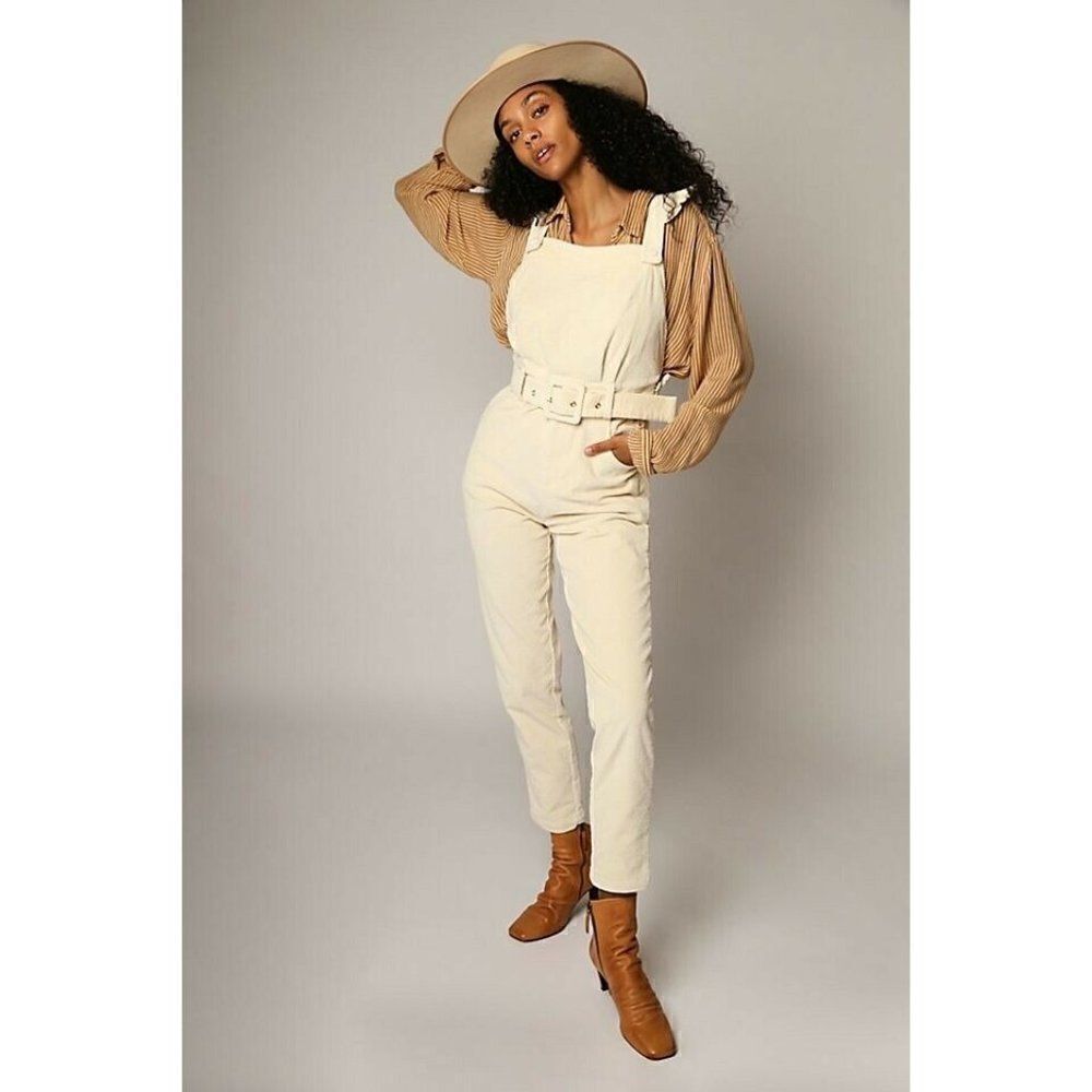 NWT FREE PEOPLE X LENNI Sz S LYKE JUMPSUIT CORD CORDUROY RUFFLED ONE PIECE IVORY